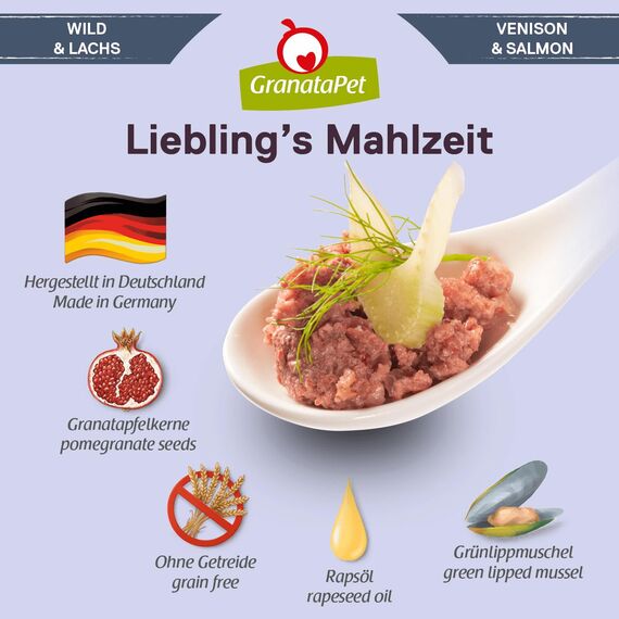 GranataPet Liebling's Mahlzeit Wild & Lachs, Nassfutter für Hunde, Hundefutter ohne Getreide & ohne Zuckerzusätze, Alleinfuttermittel, 6 x 800 g