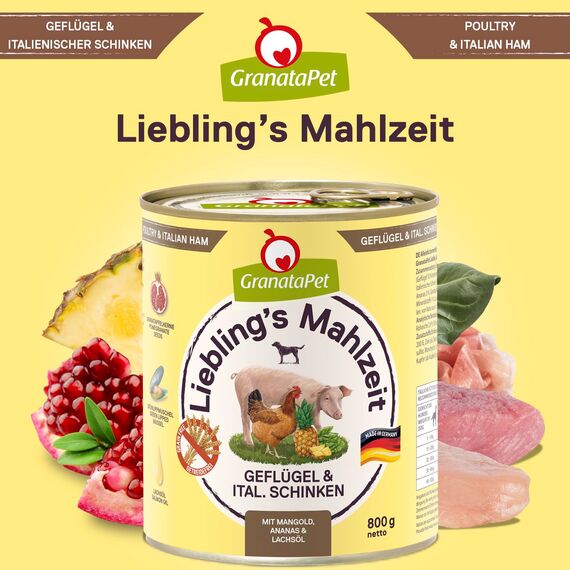 GranataPet Liebling's Mahlzeit Multipack 1, Nassfutter für Hunde im Probierpaket, Alleinfuttermittel ohne Getreide, Hundefutter mit hohem Fleischanteil & hochwertigen Ölen, 6 x 800 g