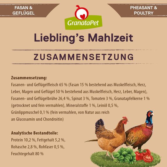 GranataPet Liebling's Mahlzeit Fasan & Geflügel, Nassfutter für Hunde, Hundefutter ohne Getreide & ohne Zuckerzusätze, Alleinfuttermittel, 6 x 400 g