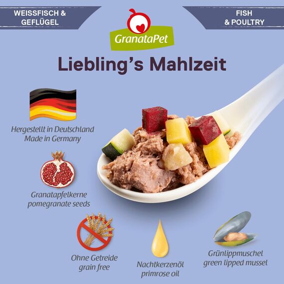 GranataPet Liebling's Mahlzeit Weißfisch & Geflügel, Nassfutter für Hunde, Hundefutter ohne Getreide & ohne Zuckerzusätze, Alleinfuttermittel, 6 x 400 g
