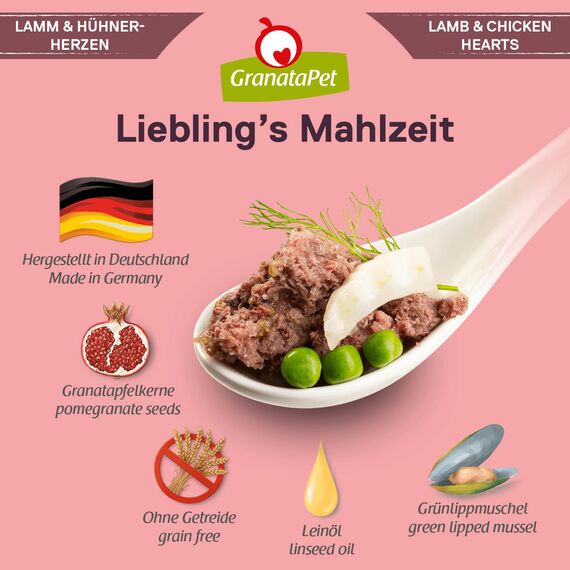 GranataPet Liebling's Mahlzeit Lamm & Hühnerherzen, Nassfutter für Hunde, Hundefutter ohne Getreide & ohne Zuckerzusätze, Alleinfuttermittel, 6 x 800 g