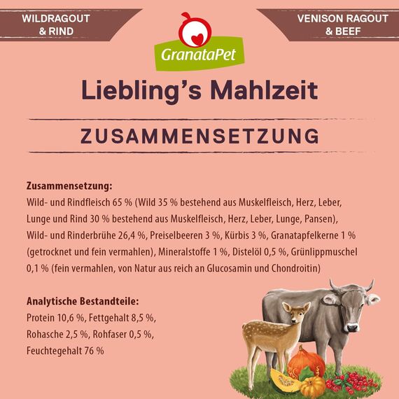 GranataPet Liebling's Mahlzeit Wildragout & Rind, Nassfutter für Hunde, Hundefutter ohne Getreide & ohne Zuckerzusätze, Alleinfuttermittel, 6 x 800 g