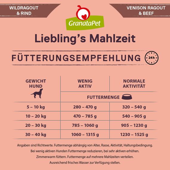 GranataPet Liebling's Mahlzeit Wildragout & Rind, Nassfutter für Hunde, Hundefutter ohne Getreide & ohne Zuckerzusätze, Alleinfuttermittel, 6 x 800 g