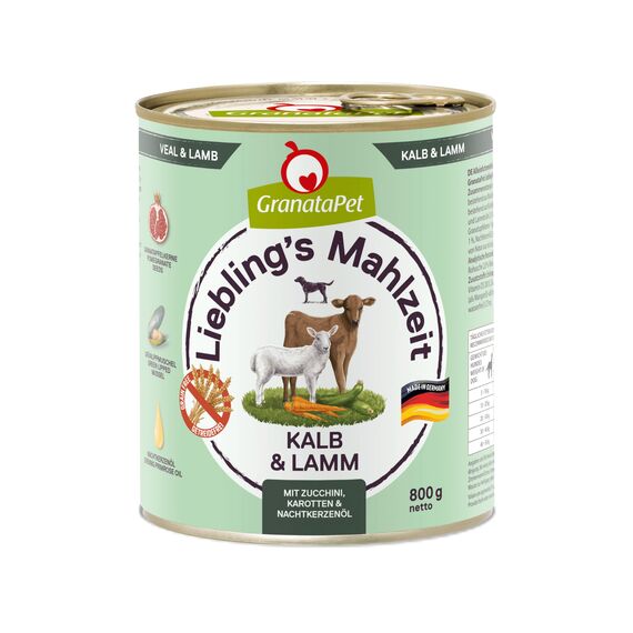 GranataPet Liebling's Mahlzeit Kalb & Lamm, Nassfutter für Hunde, Hundefutter ohne Getreide & ohne Zuckerzusätze, Alleinfuttermittel, 6 x 800 g