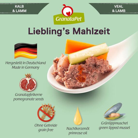 GranataPet Liebling's Mahlzeit Kalb & Lamm, Nassfutter für Hunde, Hundefutter ohne Getreide & ohne Zuckerzusätze, Alleinfuttermittel, 6 x 400 g
