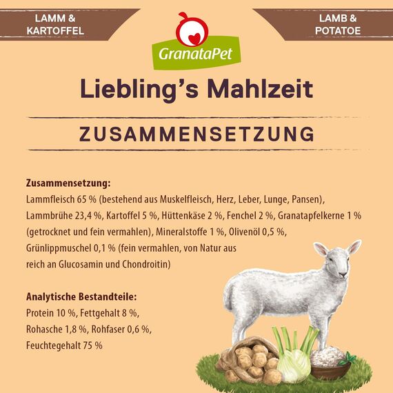 GranataPet Liebling's Mahlzeit Lamm & Kartoffel, Nassfutter für Hunde, Hundefutter ohne Getreide & ohne Zuckerzusätze, Alleinfuttermittel, 6 x 800 g