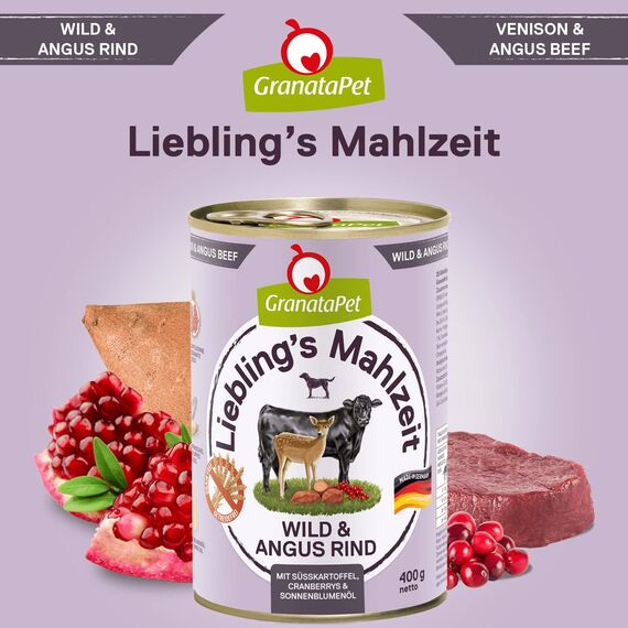 GranataPet Liebling's Mahlzeit Wild & Angus Rind, Nassfutter für Hunde, Hundefutter ohne Getreide & ohne Zuckerzusätze, Alleinfuttermittel, 6 x 400 g