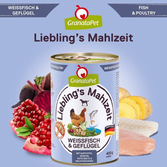 GranataPet Liebling's Mahlzeit Weißfisch & Geflügel, Nassfutter für Hunde, Hundefutter ohne Getreide & ohne Zuckerzusätze, Alleinfuttermittel, 6 x 400 g
