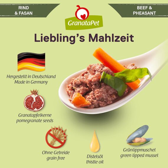 GranataPet Liebling's Mahlzeit Rind & Fasan, Nassfutter für Hunde, Hundefutter ohne Getreide & ohne Zuckerzusätze, Alleinfuttermittel, 6 x 400 g