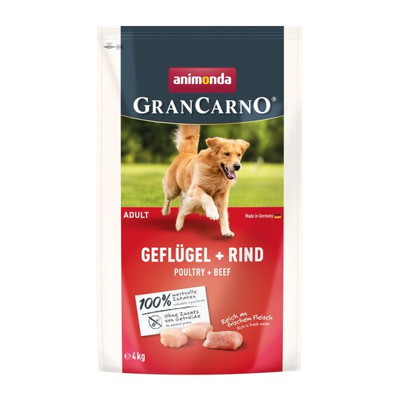 animonda GranCarno Adult Hundetrockenfutter getreidefrei Geflügel + Rind (1 x 4 kg), Trockenfutter für Erwachsene Hunde ohne Gluten und Weizen, Hundefutter trocken mit hoher Bekömmlichkeit