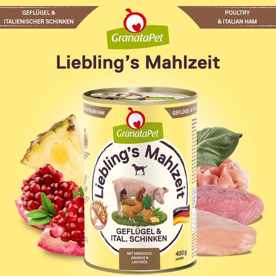 GranataPet Liebling's Mahlzeit Geflügel & italienischer Schinken, Nassfutter für Hunde, Hundefutter ohne Getreide & ohne Zuckerzusätze, Alleinfuttermittel, 6 x 400 g