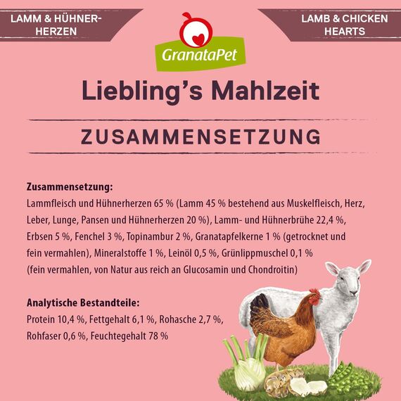 GranataPet Liebling's Mahlzeit Lamm & Hühnerherzen, Nassfutter für Hunde, Hundefutter ohne Getreide & ohne Zuckerzusätze, Alleinfuttermittel, 6 x 800 g