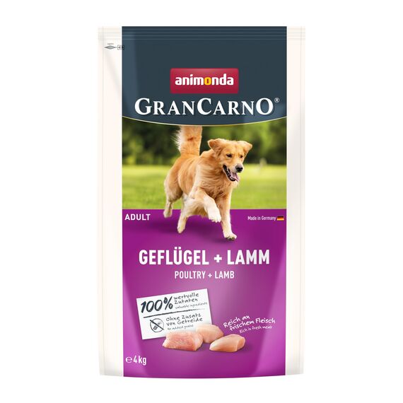 animonda GranCarno Adult Hundetrockenfutter getreidefrei Geflügel + Lamm (1 x 4 kg), Trockenfutter für Erwachsene Hunde ohne Gluten und Weizen, Hundefutter trocken mit hoher Bekömmlichkeit