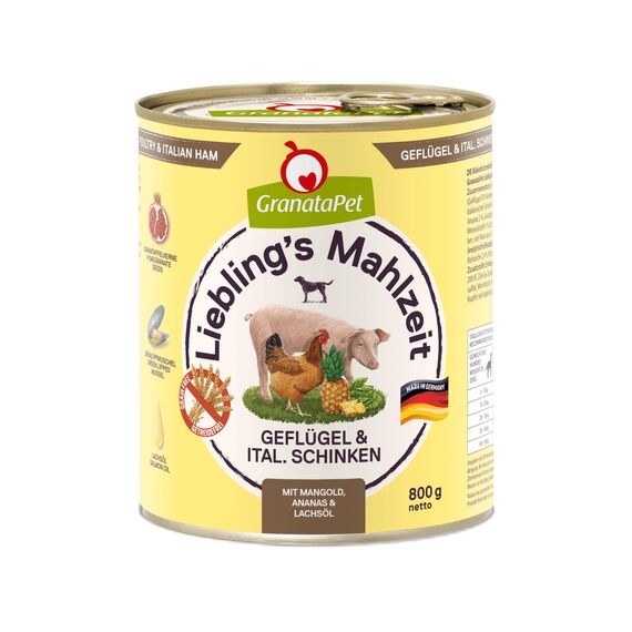 GranataPet Liebling's Mahlzeit Geflügel & italienischer Schinken, Nassfutter für Hunde, Hundefutter ohne Getreide & ohne Zuckerzusätze, Alleinfuttermittel, 6 x 800 g