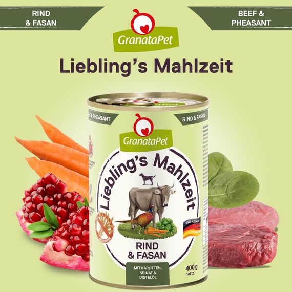 GranataPet Liebling's Mahlzeit Rind & Fasan, Nassfutter für Hunde, Hundefutter ohne Getreide & ohne Zuckerzusätze, Alleinfuttermittel, 6 x 400 g