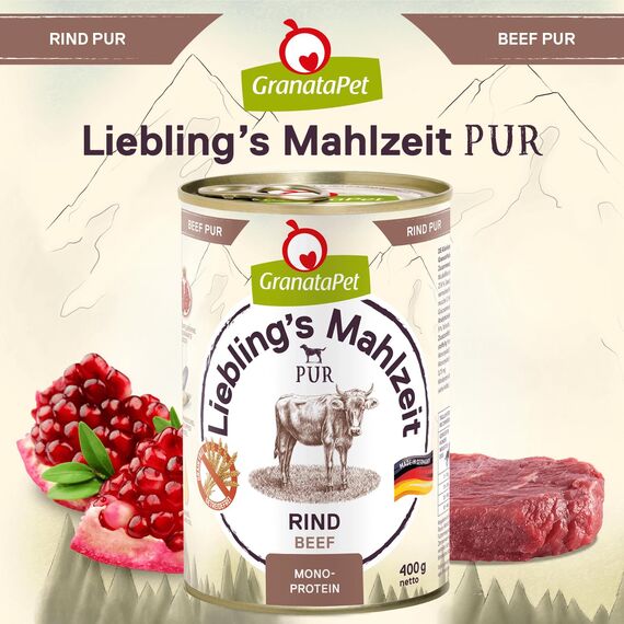 GranataPet Liebling's Mahlzeit Rind PUR, Nassfutter für Hunde, Hundefutter ohne Getreide & Zuckerzusätze, Alleinfuttermittel mit hohem Fleischanteil & hochwertigen Ölen, 6 x 400 g