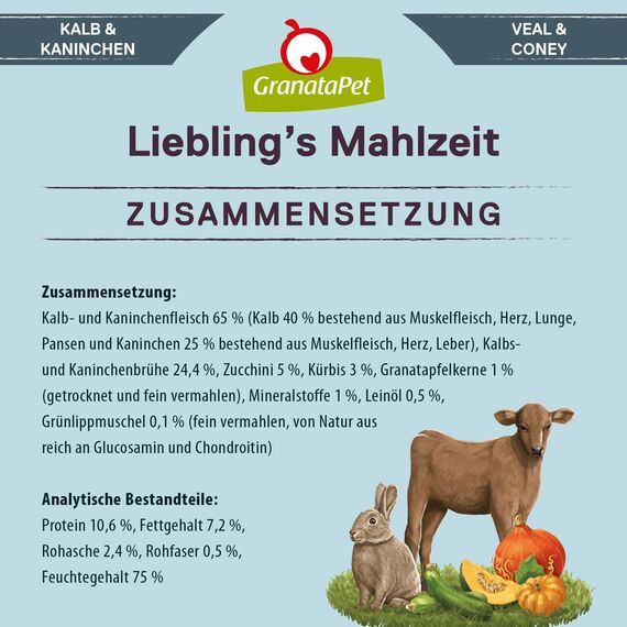 GranataPet Liebling's Mahlzeit Kalb & Kaninchen, Nassfutter für Hunde, Hundefutter ohne Getreide & ohne Zuckerzusätze, Alleinfuttermittel, 6 x 800 g