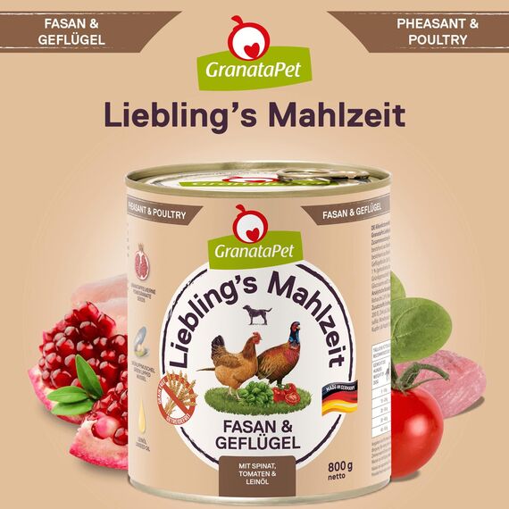 GranataPet Liebling's Mahlzeit Fasan & Geflügel, Nassfutter für Hunde, Hundefutter ohne Getreide & ohne Zuckerzusätze, Alleinfuttermittel, 6 x 800 g