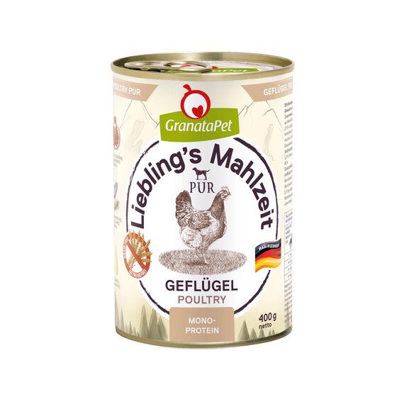 GranataPet Liebling's Mahlzeit Geflügel PUR, Nassfutter für Hunde, Hundefutter ohne Getreide & Zuckerzusätze, Alleinfuttermittel mit hohem Fleischanteil & hochwertigen Ölen, 6 x 400 g