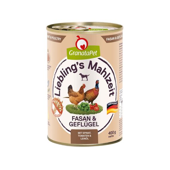 GranataPet Liebling's Mahlzeit Fasan & Geflügel, Nassfutter für Hunde, Hundefutter ohne Getreide & ohne Zuckerzusätze, Alleinfuttermittel, 6 x 400 g