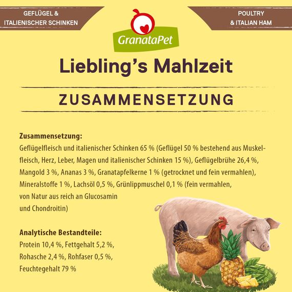 GranataPet Liebling's Mahlzeit Geflügel & italienischer Schinken, Nassfutter für Hunde, Hundefutter ohne Getreide & ohne Zuckerzusätze, Alleinfuttermittel, 6 x 800 g