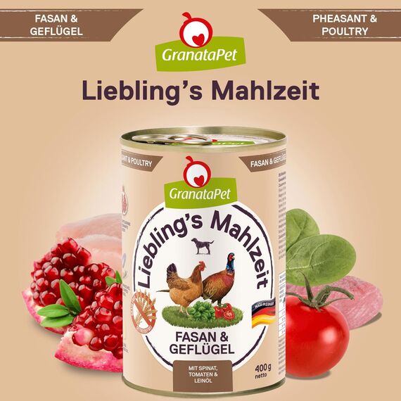 GranataPet Liebling's Mahlzeit Fasan & Geflügel, Nassfutter für Hunde, Hundefutter ohne Getreide & ohne Zuckerzusätze, Alleinfuttermittel, 6 x 400 g