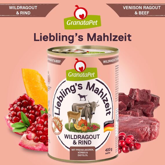 GranataPet Liebling's Mahlzeit Wildragout & Rind, Nassfutter für Hunde, Hundefutter ohne Getreide & ohne Zuckerzusätze, Alleinfuttermittel, 6 x 400 g