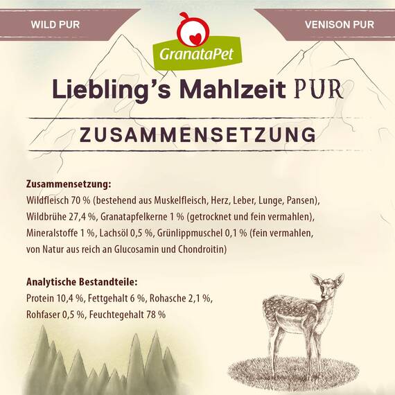GranataPet Liebling's Mahlzeit Wild PUR, Nassfutter für Hunde, Hundefutter ohne Getreide & Zuckerzusätze, Alleinfuttermittel mit hohem Fleischanteil & hochwertigen Ölen, 6 x 400 g