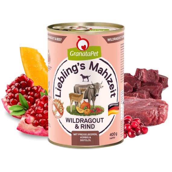 GranataPet Liebling's Mahlzeit Wildragout & Rind, Nassfutter für Hunde, Hundefutter ohne Getreide & ohne Zuckerzusätze, Alleinfuttermittel, 6 x 400 g