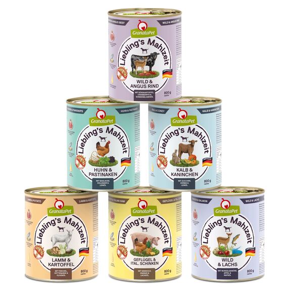 GranataPet Liebling's Mahlzeit Multipack 1, Nassfutter für Hunde im Probierpaket, Alleinfuttermittel ohne Getreide, Hundefutter mit hohem Fleischanteil & hochwertigen Ölen, 6 x 800 g