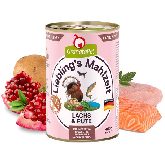 GranataPet Liebling's Mahlzeit Lachs & Pute, Nassfutter für Hunde, Hundefutter ohne Getreide & ohne Zuckerzusätze, Alleinfuttermittel, 6 x 400 g