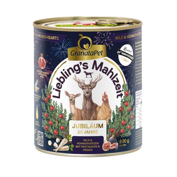 GranataPet Liebling's Mahlzeit Jubiläumsedition Wild und Hühnerherzen, Nassfutter für Hunde, Hundefutter ohne Getreide und ohne Zuckerzusätze, Alleinfuttermittel, 6 x 800 g