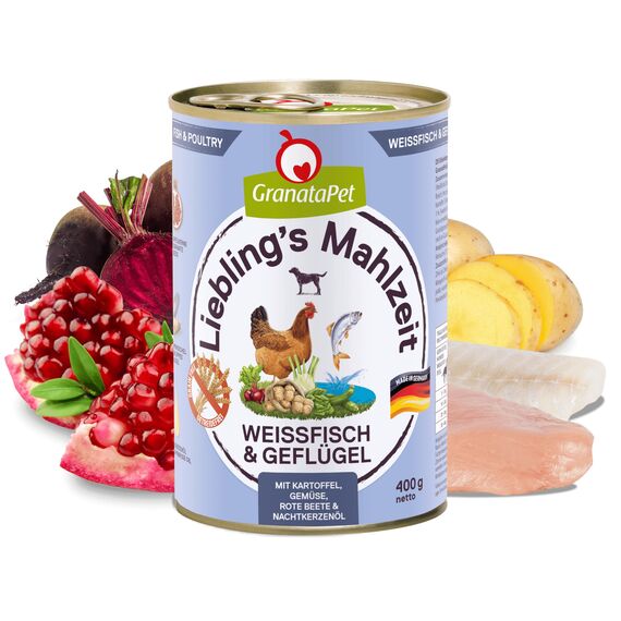 GranataPet Liebling's Mahlzeit Weißfisch & Geflügel, Nassfutter für Hunde, Hundefutter ohne Getreide & ohne Zuckerzusätze, Alleinfuttermittel, 6 x 400 g