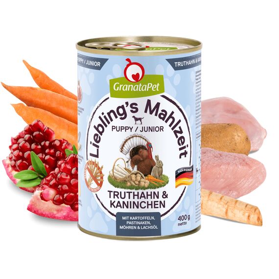 GranataPet Liebling's Mahlzeit Turkey and Rabbit Wet Dog Food without Grain & Sugar Supplements, Complete Food, 6 x 400 g