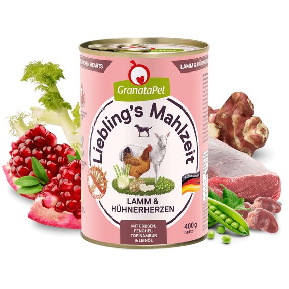 GranataPet Liebling's Mahlzeit Lamm & Hühnerherzen, Nassfutter für Hunde, Hundefutter ohne Getreide & ohne Zuckerzusätze, Alleinfuttermittel, 6 x 400 g