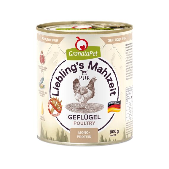 GranataPet Liebling's Mahlzeit Geflügel PUR, Nassfutter für Hunde, Hundefutter ohne Getreide & Zuckerzusätze, Alleinfuttermittel mit hohem Fleischanteil & hochwertigen Ölen, 6 x 800 g