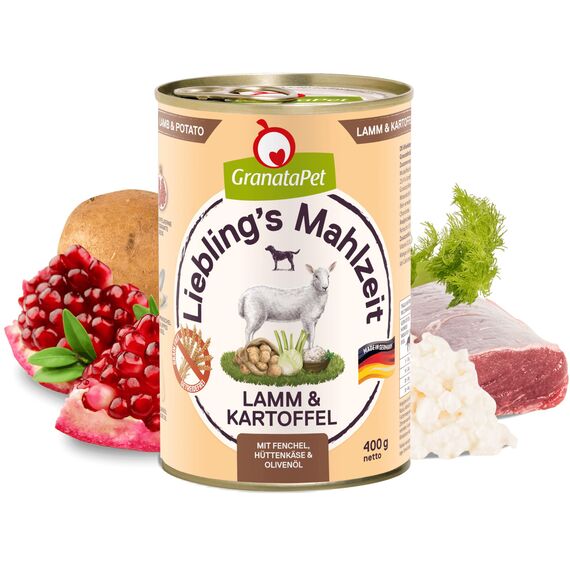 GranataPet Liebling's Mahlzeit Lamm & Kartoffel, Nassfutter für Hunde, Hundefutter ohne Getreide & ohne Zuckerzusätze, Alleinfuttermittel, 6 x 400 g