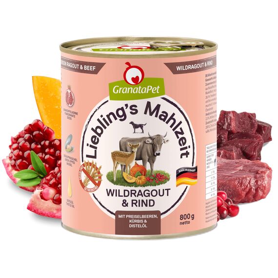 GranataPet Liebling's Mahlzeit Wildragout & Rind, Nassfutter für Hunde, Hundefutter ohne Getreide & ohne Zuckerzusätze, Alleinfuttermittel, 6 x 800 g