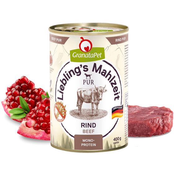 GranataPet Liebling's Mahlzeit Rind PUR, Nassfutter für Hunde, Hundefutter ohne Getreide & Zuckerzusätze, Alleinfuttermittel mit hohem Fleischanteil & hochwertigen Ölen, 6 x 400 g
