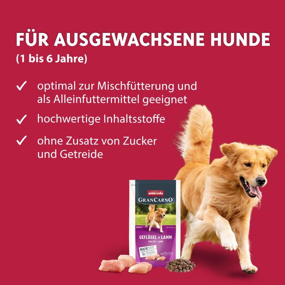 animonda GranCarno Adult Hundetrockenfutter getreidefrei Geflügel + Lamm (1 x 4 kg), Trockenfutter für Erwachsene Hunde ohne Gluten und Weizen, Hundefutter trocken mit hoher Bekömmlichkeit