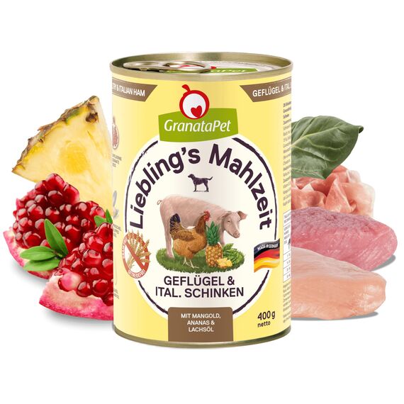 GranataPet Liebling's Mahlzeit Geflügel & italienischer Schinken, Nassfutter für Hunde, Hundefutter ohne Getreide & ohne Zuckerzusätze, Alleinfuttermittel, 6 x 400 g