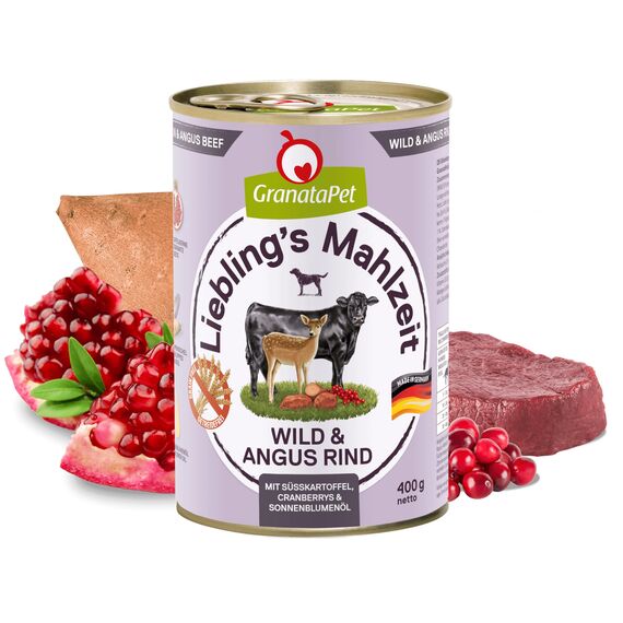 GranataPet Liebling's Mahlzeit Wild & Angus Rind, Nassfutter für Hunde, Hundefutter ohne Getreide & ohne Zuckerzusätze, Alleinfuttermittel, 6 x 400 g