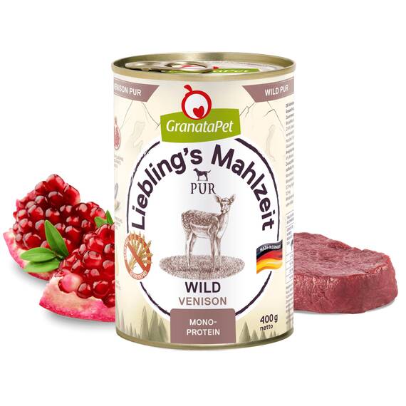 GranataPet Liebling's Mahlzeit Wild PUR, Nassfutter für Hunde, Hundefutter ohne Getreide & Zuckerzusätze, Alleinfuttermittel mit hohem Fleischanteil & hochwertigen Ölen, 6 x 400 g