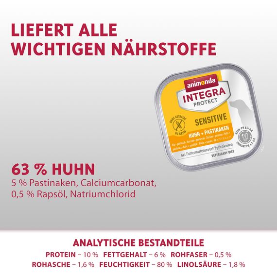 animonda INTEGRA PROTECT Sensitive Huhn + Pastinaken (11 x 150 g), Diätfutter bei Futtermittelallergie, sensitives Hundefutter für allergische Hunde, Nassfutter für Hunde ohne Getreide