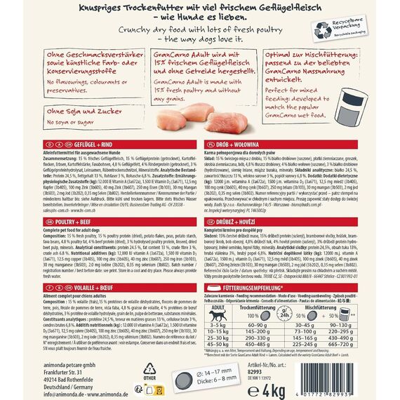 animonda GranCarno Adult Hundetrockenfutter getreidefrei Geflügel + Rind (1 x 4 kg), Trockenfutter für Erwachsene Hunde ohne Gluten und Weizen, Hundefutter trocken mit hoher Bekömmlichkeit