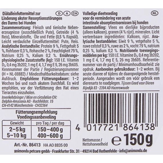 animonda INTEGRA PROTECT Intestinal Pute Pur (11 x 150 g), Hunde Diätfutter bei Durchfall & Erbrechen, Hundefutter mit Pute und Reis, leicht verdauliches Nassfutter für Hunde