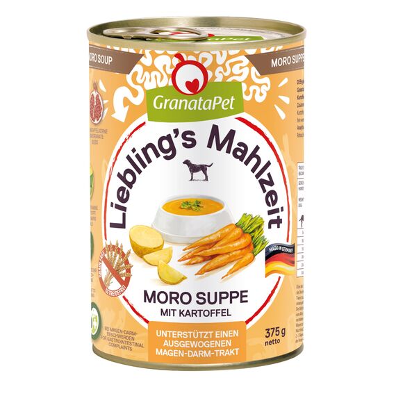 GranataPet Liebling's Mahlzeit Moro-Suppe mit Kartoffeln, Hundefutter zum natürlichen Aufbau gesunder Darmbakterien, ideal bei Durchfall und Magen-Darm Beschwerden, 6 x 375 g
