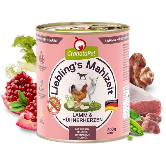 GranataPet Liebling's Mahlzeit Lamm & Hühnerherzen, Nassfutter für Hunde, Hundefutter ohne Getreide & ohne Zuckerzusätze, Alleinfuttermittel, 6 x 800 g