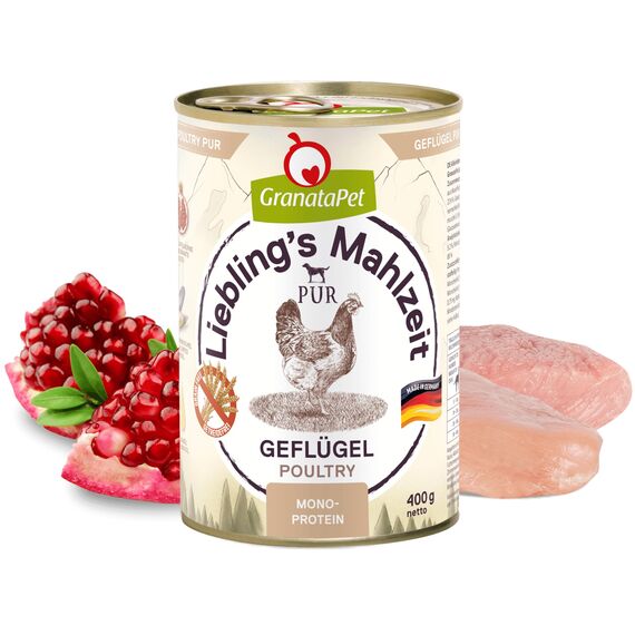 GranataPet Liebling's Mahlzeit Geflügel PUR, Nassfutter für Hunde, Hundefutter ohne Getreide & Zuckerzusätze, Alleinfuttermittel mit hohem Fleischanteil & hochwertigen Ölen, 6 x 400 g