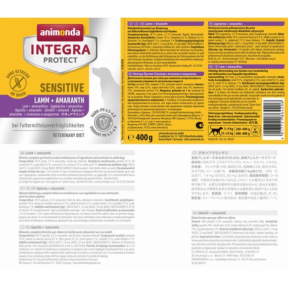animonda INTEGRA PROTECT Hundefutter nass Sensitive Lamm + Amaranth (6 x 400g), bei Futtermittelunverträglichkeit, hochwertiges Diätalleinfutter für Hunde bei Futtermittelallergie